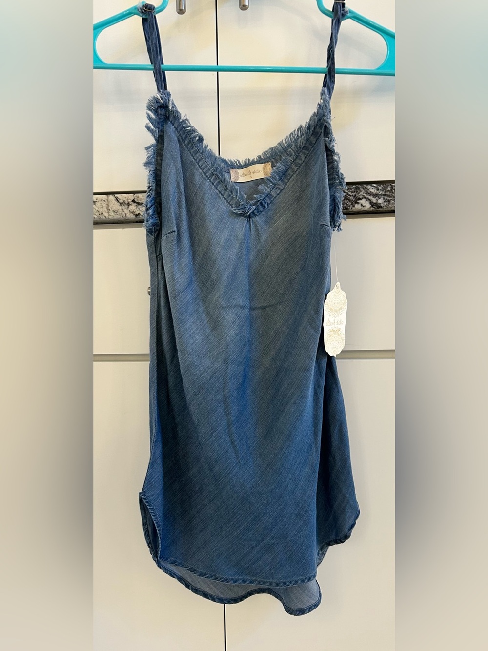 Altar'd State Denim-Effect Blue Frayed V-Neck Tank